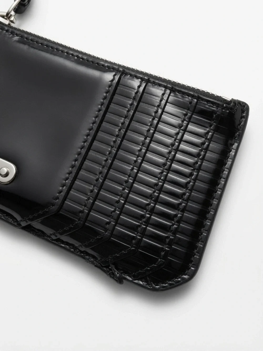 Saint Laurent Black Glossy Ridged Leather Card Case with Zip